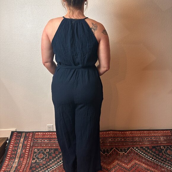 Gap Navy Waffle Long Jumpsuit V Neck Wide Leg Sleeveless Size 10 - Picture 3 of 8
